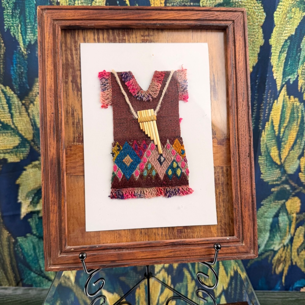 Vintage Peruvian Woven Textile Art Framed Miniature Poncho with Pan Flute 10x8